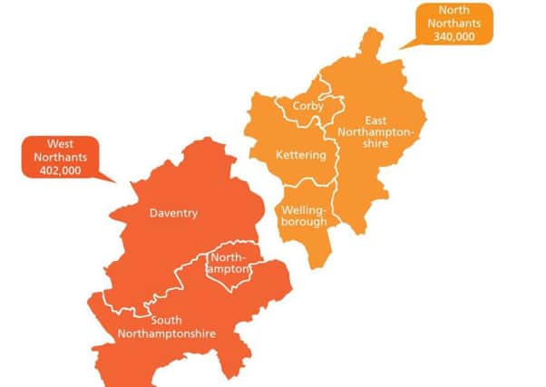 Proposed unitary authority boundaries for Northamptonshire
