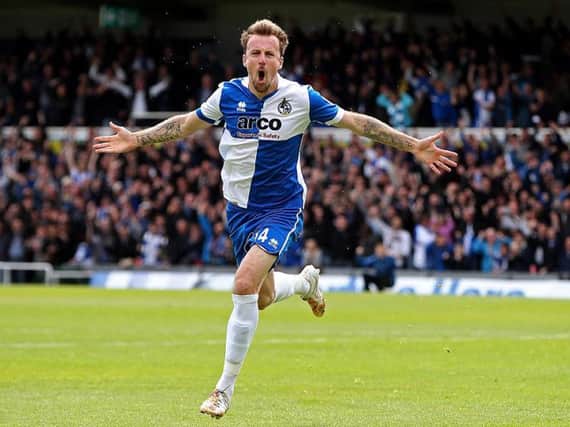 Chris Lines celebrates scoring a goal for Bristol Rovers