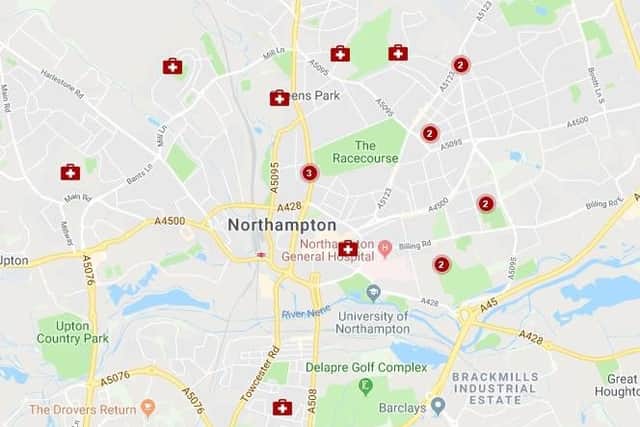 The map by the BLA says every GP in Northampton town centre (pictured here) records a higher than safe level of 'fine matter particulate'.