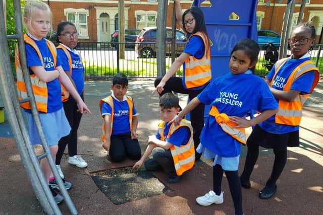 Young ambassadors from St James Primary School with the tarmac square.