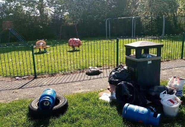 Full bin bags and gas canisters were left behind on Errington Park
