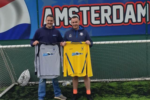 Pictured: Kit sponsor Matt Owen, director of MOSounds, with Lee Cowley, team coach.