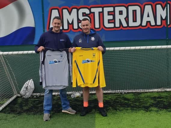 Pictured: Kit sponsor Matt Owen, director of MOSounds, with Lee Cowley, team coach.