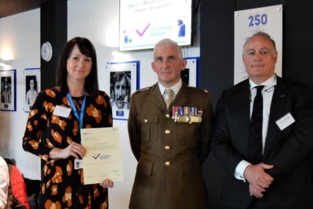 Ruth Smith from Veteran Aware pictured with Major Paul Shipley MBE RA, and Professor Tim Briggs, NHS National Director of Clinical Improvement and Co-Chair of the Veterans Covenant Hospital Alliance.