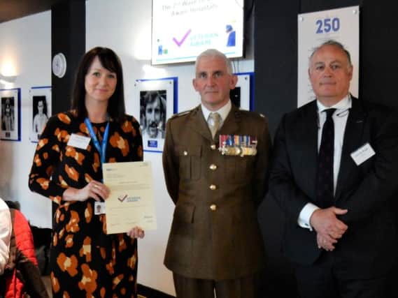 Ruth Smith from Veteran Aware pictured with Major Paul Shipley MBE RA, and Professor Tim Briggs, NHS National Director of Clinical Improvement and Co-Chair of the Veterans Covenant Hospital Alliance.
