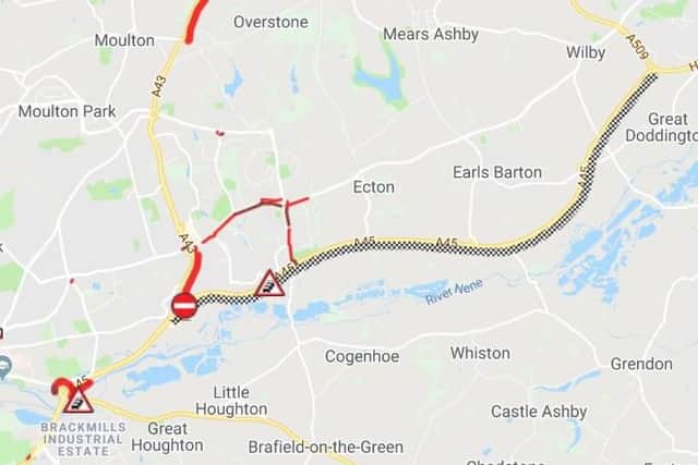 The A45 west is blocked following an accident