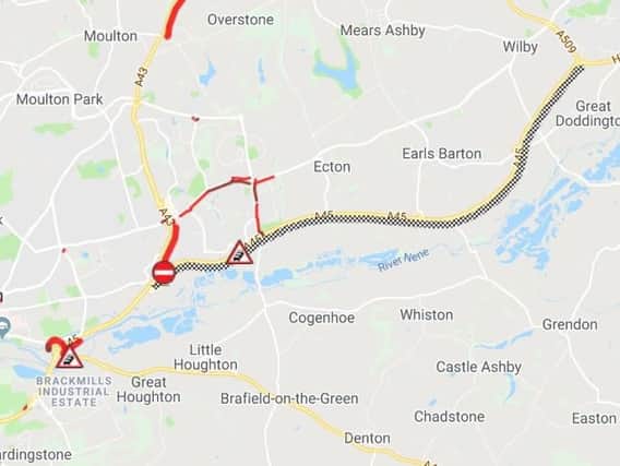 The A45 west is blocked following an accident