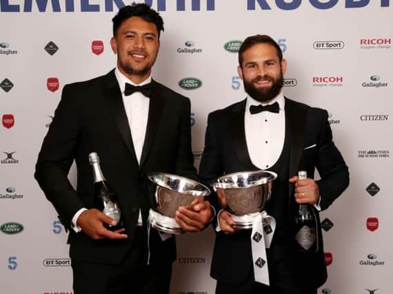 Cobus Reinach (right) and Denny Solomona shared the Premiership's top try scorer accolade