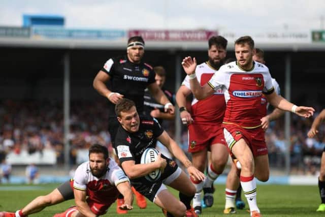 Joe Simmonds goes over for Exeter's second try against Saints