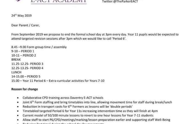 The letter sent to parents outlining the changes