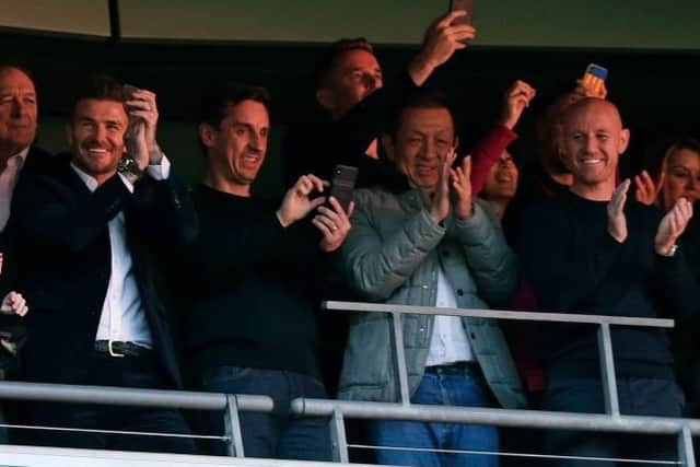 David Beckham, Gary Neville and Nicky Butt celebrate Salford's promotion at Wembley