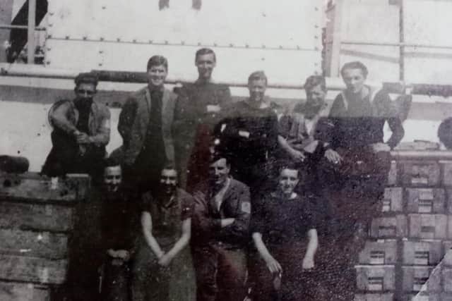 The crew of HMS LCT 574 shortly before the operations. Mark is second from the left on the back row - Don is on the furthest right.