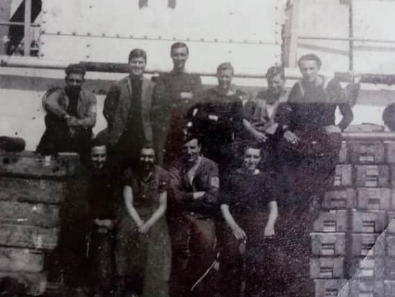 The crew of HMS LCT 574 shortly before the operations. Mark is second from the left on the back row - Don is on the furthest right.