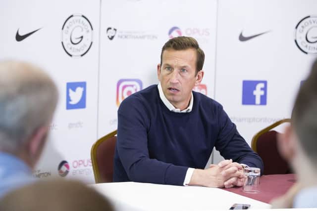 Justin Edinburgh talks to the press on the day of his appointment as Cobblers boss in January, 2017