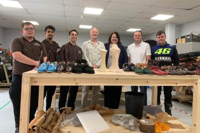 (L-R) Church's apprentices Harry Gayton, Bobby Nangla and Ricardo Coco, shoemaker Andy Burke, Northampton Museum & Art Gallery senior shoe curator Rebecca Shawcross, and Loake apprentices Ben Smith and Matthew Hunt. Photo: Northampton Borough Council