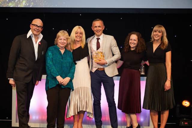 Left to right: comedian Harry Hill, Dame Alison Peacock, deputy headteacher Charlotte French, headteacher John Wayland, teacher Holly Steed and teacher Lucy Jenkinson.