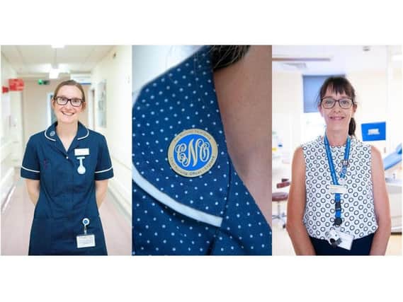 Holly Slyne (Left) and Gillian Smith (Right) received their Chief Nursing Officer badges (centre) in June.