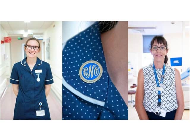 Holly Slyne (Left) and Gillian Smith (Right) received their Chief Nursing Officer badges (centre) in June.