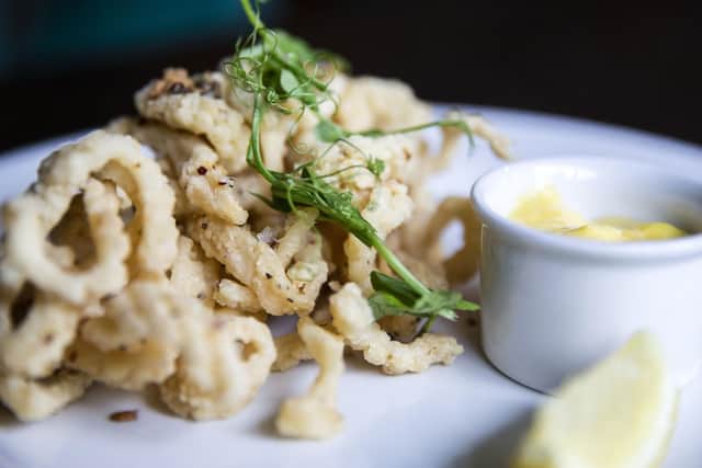 Tempura squid preserved lemon aioli and furikake.