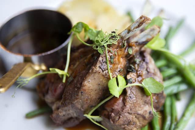 Four-bone lamb rack rack with buttered green beans, dauphinoise potatoes and minted jus.