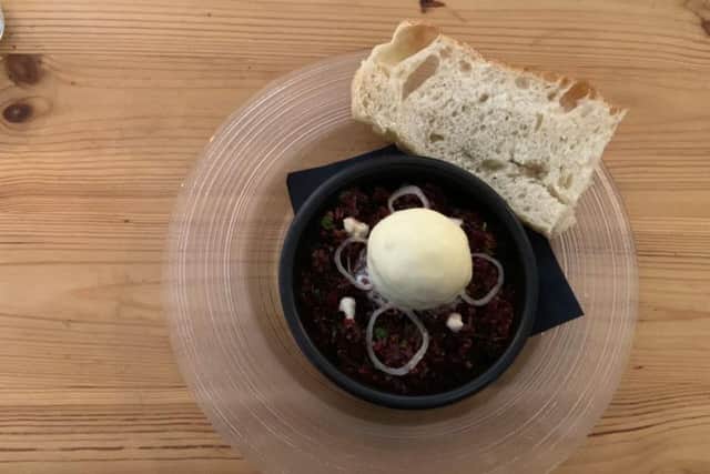 Roast beetroot tartare, shallot, fresh horseradish, goats cheese ice cream