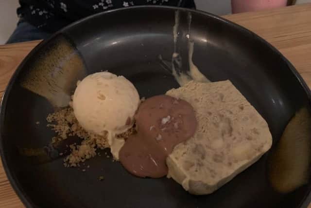 Banana parfait, homemade peanut butter ice cream, salted toffee, banana crumb
