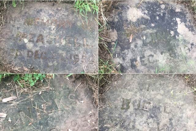 Four of the visible gravestones behind the old St Crispin Hospital chapel