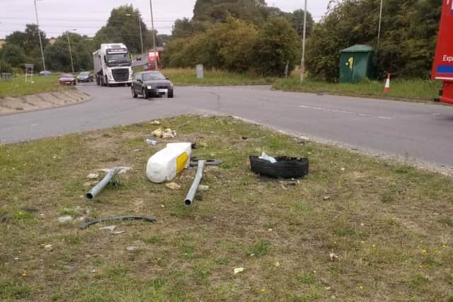 Debris left on the A43 near Brackley after a vehicle crashed into a bollard. Photo: Mark Morrell