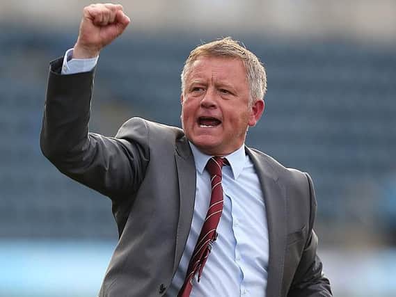 Chris Wilder celebrates a crucial win at Wycombe back in 2015