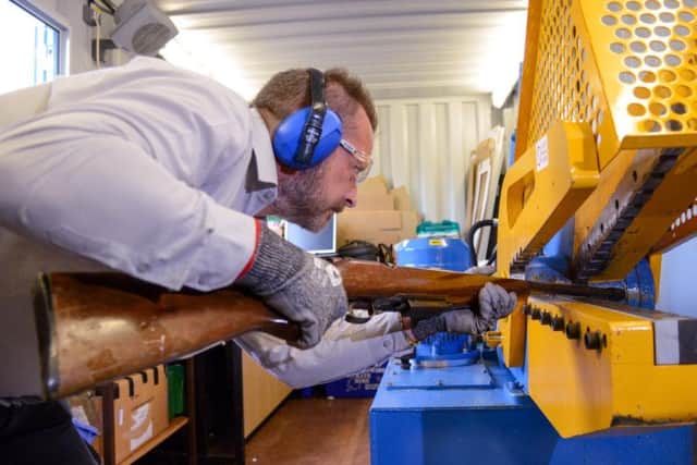 Firearms surrendered to the police will be chopped up in a hydraulic guillotine and safely destroyed.