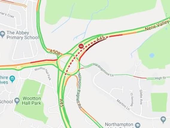 The A45 westbound is closed where is passes under the Queen Eleanor roundabout. Image from AATraffic at 13:56pm, July 19.