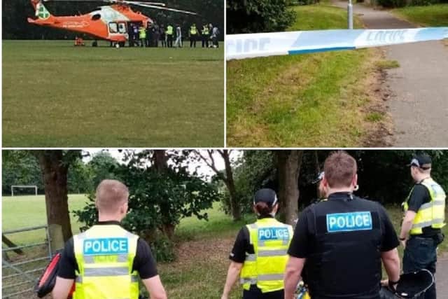 Police and the air ambulance at the playing fields where a man was attacked in Ecton Brook
