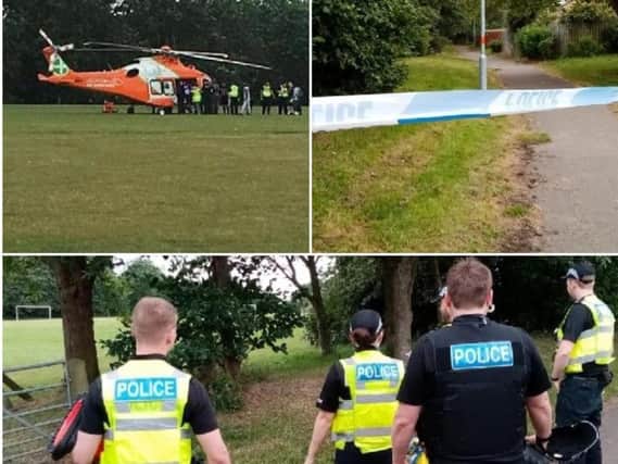 Police and the air ambulance at the playing fields where a man was attacked in Ecton Brook