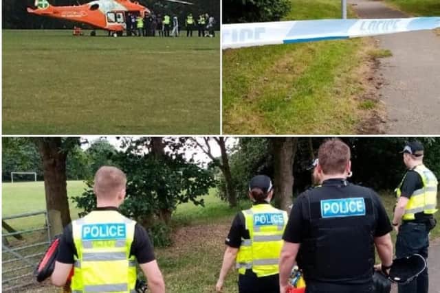 Police and the air ambulance at the playing fields where a man was attacked in Ecton Brook