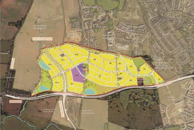 A masterplan of where the 1,400 homes will go on Upton Lodge Farm. Photo: Homes England