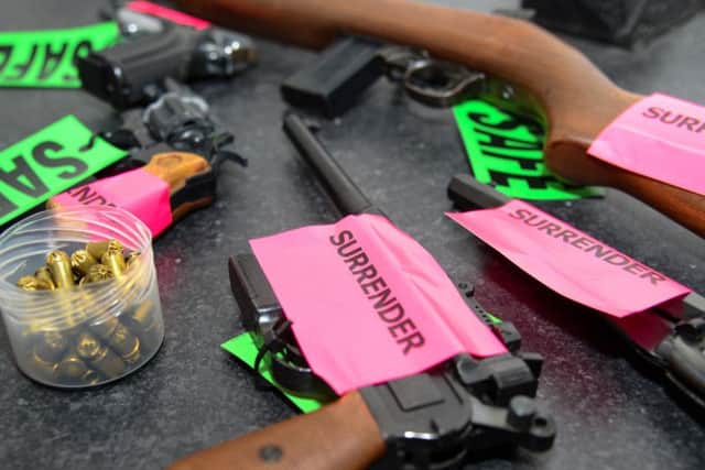 A US M1 carbine .30 rifle, Browning Mod 8mm handgun, a Cobra starting pistol and a Mauser C96 pistol have been surrendered. Photo: Northamptonshire Police