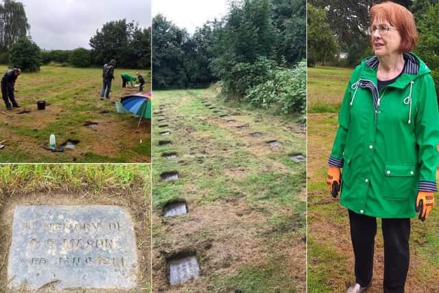 Sandra Bemrose (right) and her team tidied up about 20 of the headstones in the rain on Saturday. Photos: Mark Leggett and Claire Potts