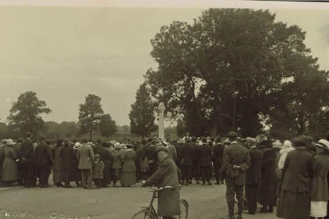 Many people came to the dedication of Hackleton's war memorial in the 1920s, paid for by the family of Captain Dudley Winterbottom, who was from the village and died during the war. Photo courtesy of Joanne Wilde