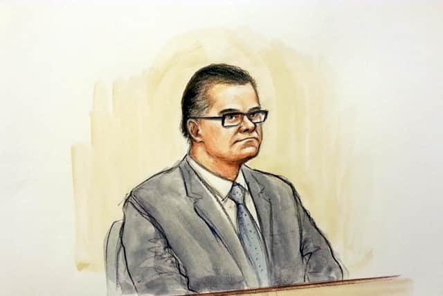 A sketch of David Lawrence in the dock during his 2016 rape trial. Photo: SWNS