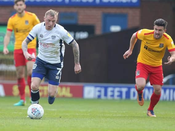Nicky Adams in action for Bury against Cobblers at the end of last season.