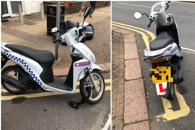 The Northamptonshire County Council moped parked on double yellow lines in St Leonards Road