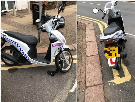 The Northamptonshire County Council moped parked on double yellow lines in St Leonards Road