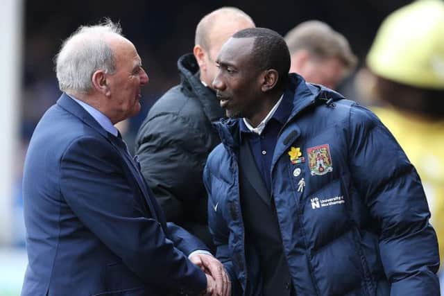 Tommy Robson chats to fellow ex-Chelsea player Jimmy Floyd Hasselbaink ahead of the Cobblers' clash against Peterborough United in April, 2018
