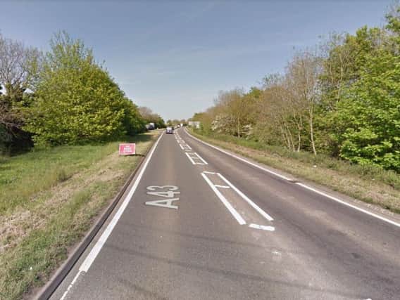 A Renault Clio and a Scania double-decker bus crashed on the A43 near Holcot. Photo: Google