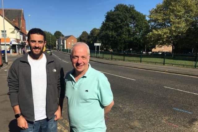 Nicholas Sadler (left) and Mark Necus on Kettering Road, Northampton, where they believe the Chilean's great-grandfather once lived