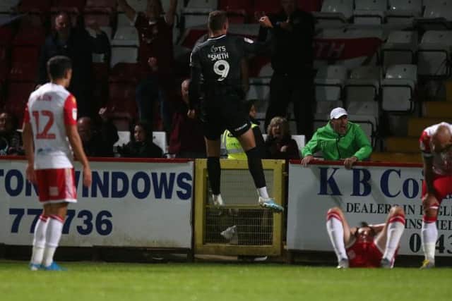 Off the mark! Harry Smith jumps for joy after his first Cobblers goal. Picture: Harry Smith