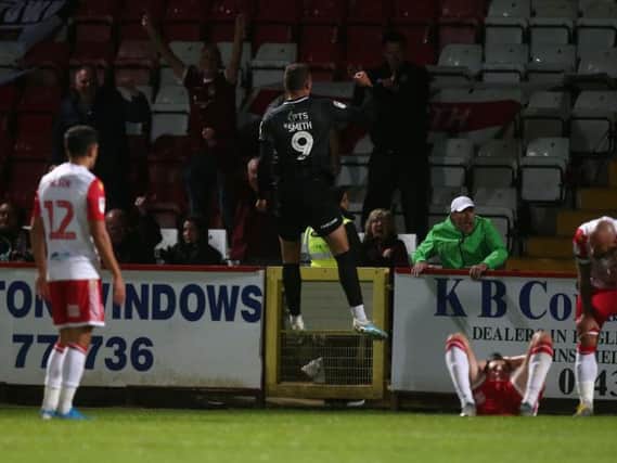 Off the mark! Harry Smith jumps for joy after his first Cobblers goal. Picture: Harry Smith
