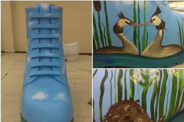 The Nene Valley Boot is covered in images from the nature park, including reeds, grebes and and otter