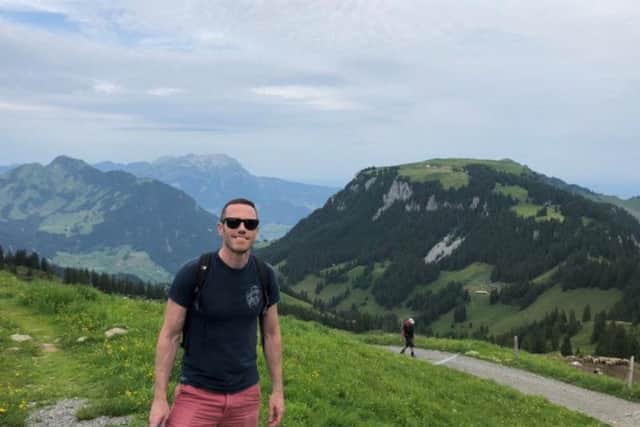 Saul Cuttell near the Swiss Alps during his training for the Mount Kilimanjaro climb