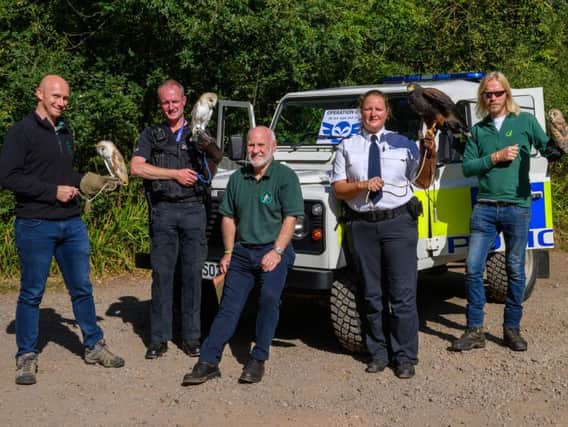 PC Chris Bird (second from left) with representatives from the RSPCA, Forest England and Raptor Rescue for the Operation Owl launch in Salcey Forest. Photo: Northamptonshire Police